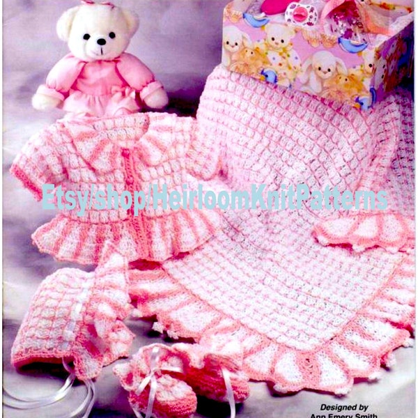 Baby Girls Checks & Stripes Layette with Pretty Ruffles Vintage Crochet Pattern Sweater Bonnet Booties Afghan Instant Download PDF - 2444