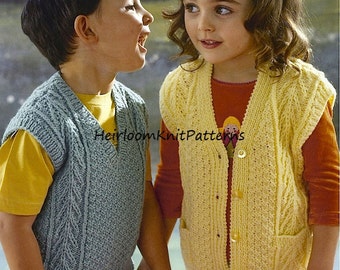 Boy Girl Aran Waistcoat & Sleeveless Sweater Knitting Pattern 26-32'' 6-12 years Child Kids Aran Vest Top Pattern Instant Download PDF - 514