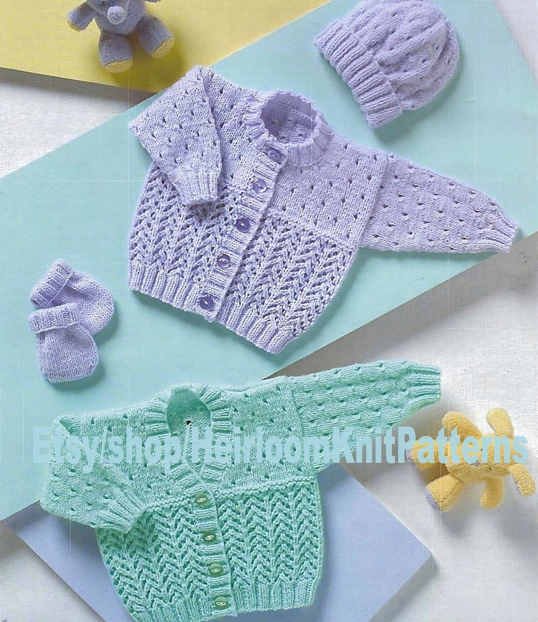 Baby Boy Girl Cardigans Hat and Mittens Set Vintage Knitting Pattern ...