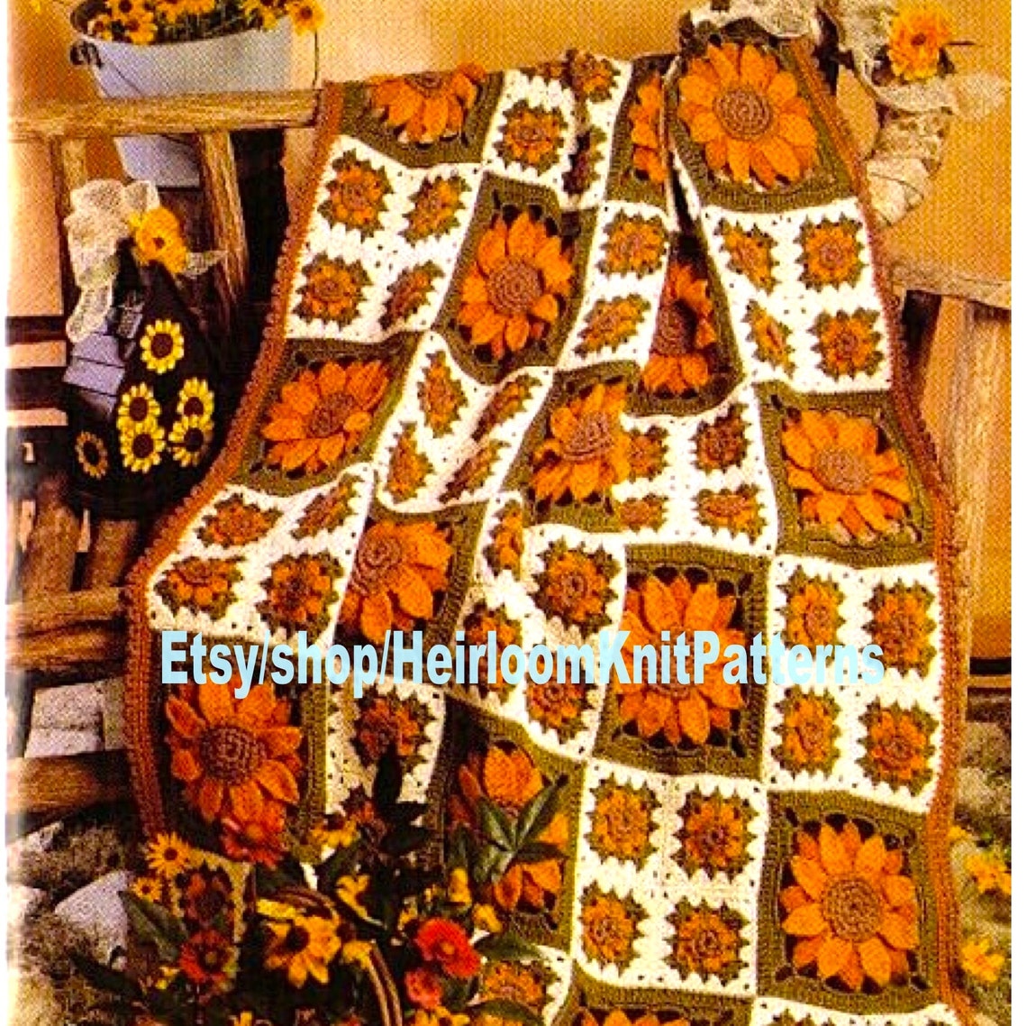Vintage Crochet Pattern PDF Sunflowers Cover Autumn Garden Etsy