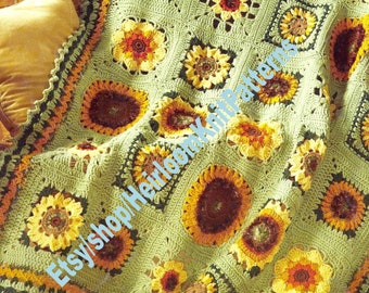 Sunflowers Afghan Vintage Crochet Pattern 7 Sunflower Motifs Granny Square Afghan Blanket Lapghan Throw Gift Idea Instant Download PDF- 2438