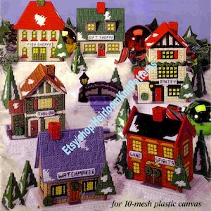 6 Designs Christmas Shopping Village Vintage Plastic Canvas Pattern PDF Town Shoppe Building Display Centerpiece Instant Download PDF - 2993