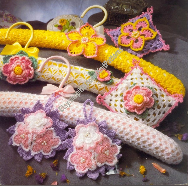 7 Pairs Hangers and Sachets Vintage Crochet Pattern Coat Hanger Cover Floral Sachet Thread Crochet Scrap Yarn Instant Download PDF - 3910