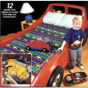 12 Designs Kids Afghans Vintage Crochet Pattern Sunbonnet Sue Dinosaur Spaceship Overall Sam Sports Car Pillow Instant Download PDF- 1017