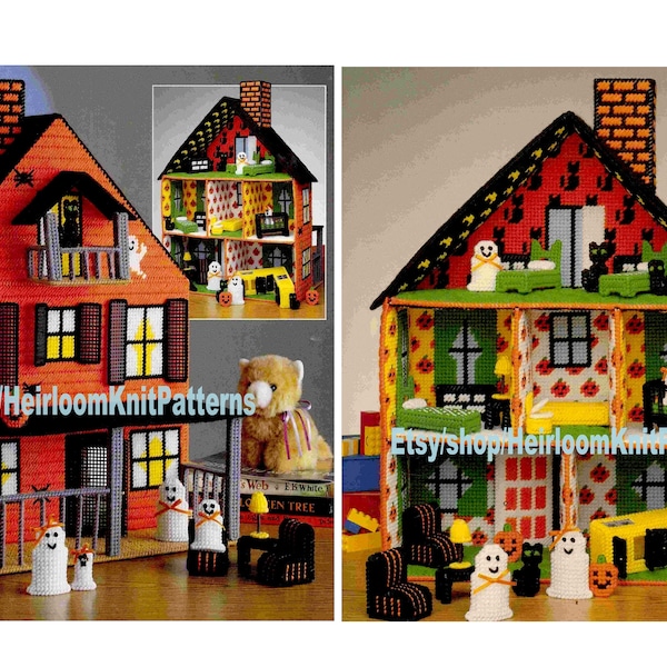 Haunted Dollhouse Vintage Plastic Canvas Pattern PDF Halloween Decor Centerpiece Ghost Family Child Playset Toy Instant Download PDF - 2512