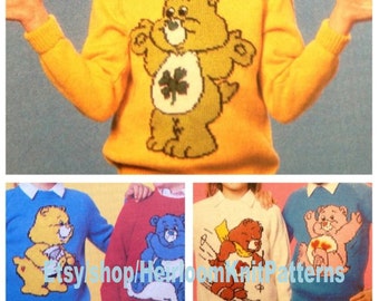 5 Designs Care Bear Sweaters Vintage Knitting Pattern Picture Character Intarsia Chart Motif Jumper Child Adult Instant Download PDF - 2489