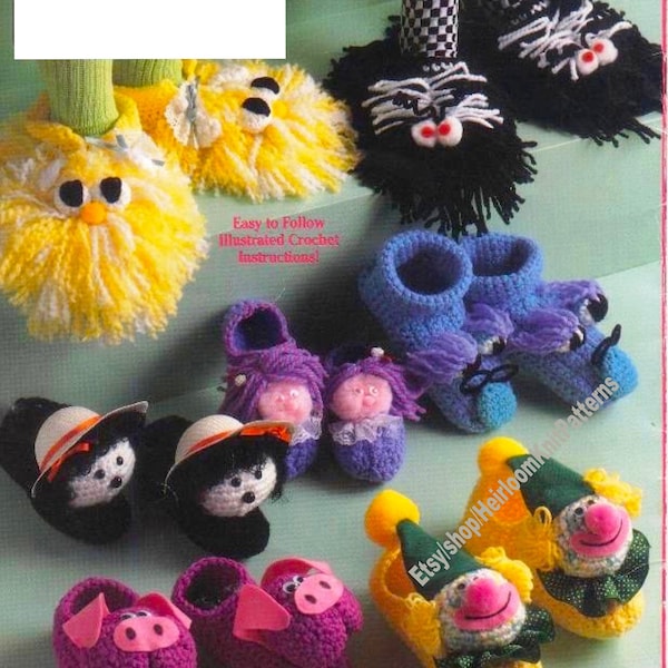 15 Designs Cute Slippers Vintage Crochet Pattern Child Adult Boy Girl Slipper Socks Booties Animal Moccasins Instant Download PDF - 3626