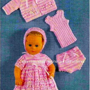 6 Pieces Doll Clothes Vintage Knitting Pattern Doll Coat Dress Vest Bonnet Bootees Pants DK 8Ply Fits 14&#39;&#39; Doll Instant Download PDF - 2214