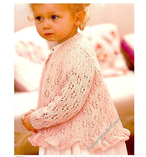 Girls Lace and Frilly Hem Cardigan Vintage Knitting Pattern 18 26