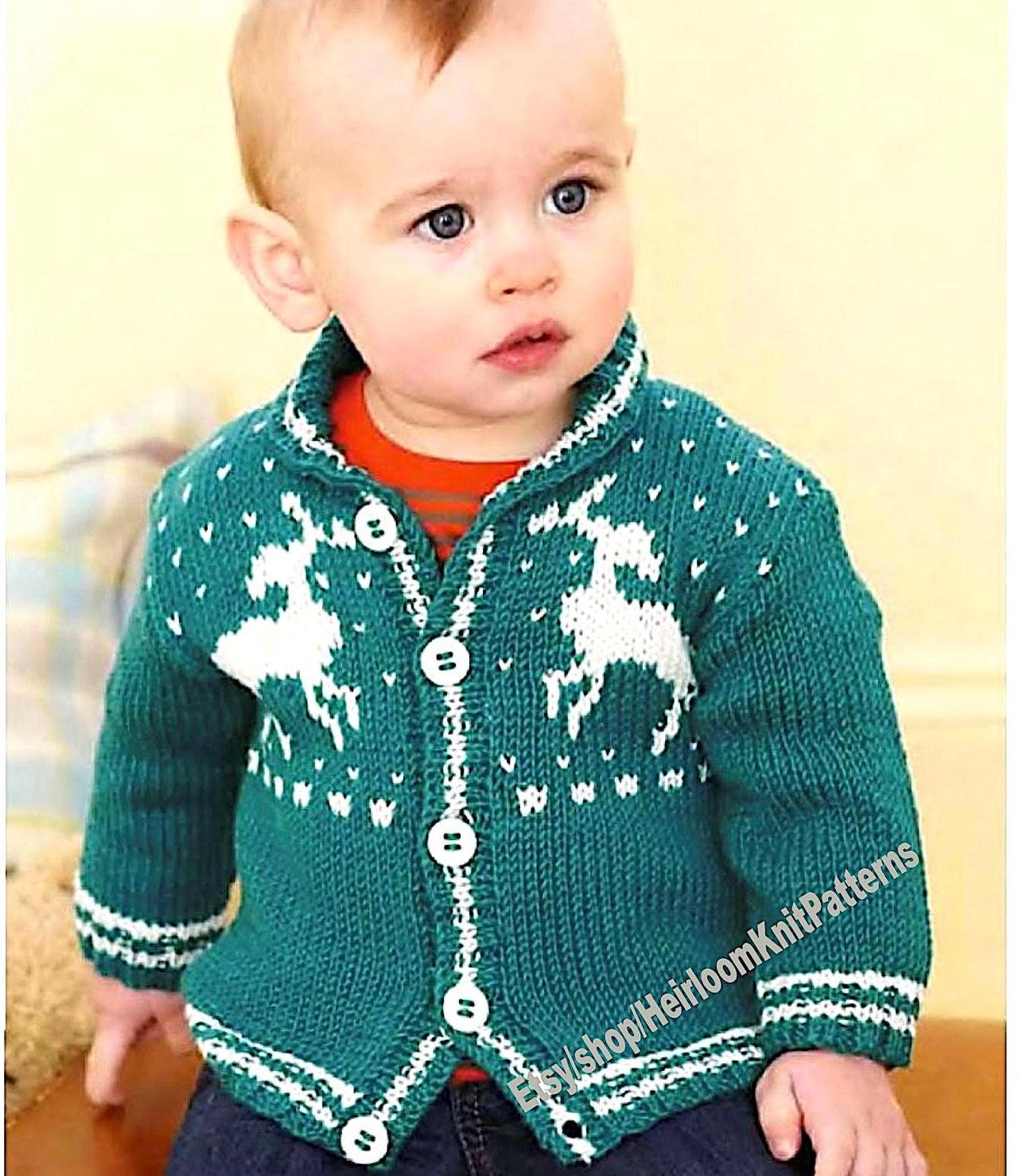 Baby Toddler Child Reindeer Cardigan Vintage DK Knitting Pattern