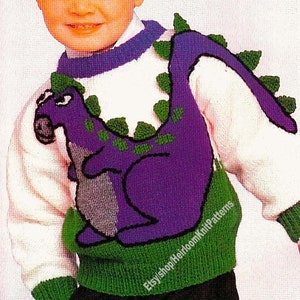 Dinosaur Sweater Vintage Knitting Pattern Sizes 2-3-4-6 Kids Childs Boy ...