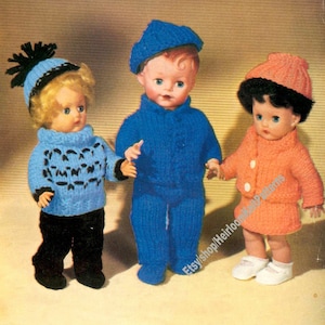 3 Doll Outfits Vintage Knitting Pattern Clothes Dress Jacket Hat Sweater Pants Boots 12&#39;&#39; 14&#39;&#39; Inch Chunky Bulky Instant Download PDF - 3166