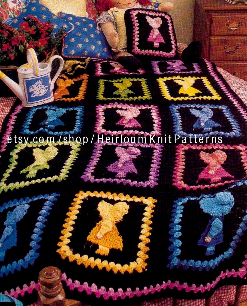 Sunbonnet Sue Afghan and Pillow Vintage Crochet Pattern Child Baby Adult Size Afghan Sunbonnet Sue Motif Pattern Instant download PDF - 2159