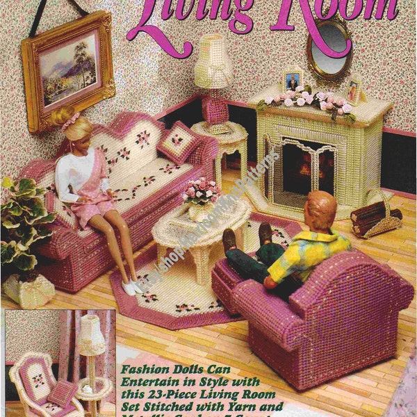 23-Piece 11.5" Fashion Doll Living Room Set Plastic Canvas Pattern Teen Doll Sofa Table Chair Fireplace Rug Instant Download PDF - 3895