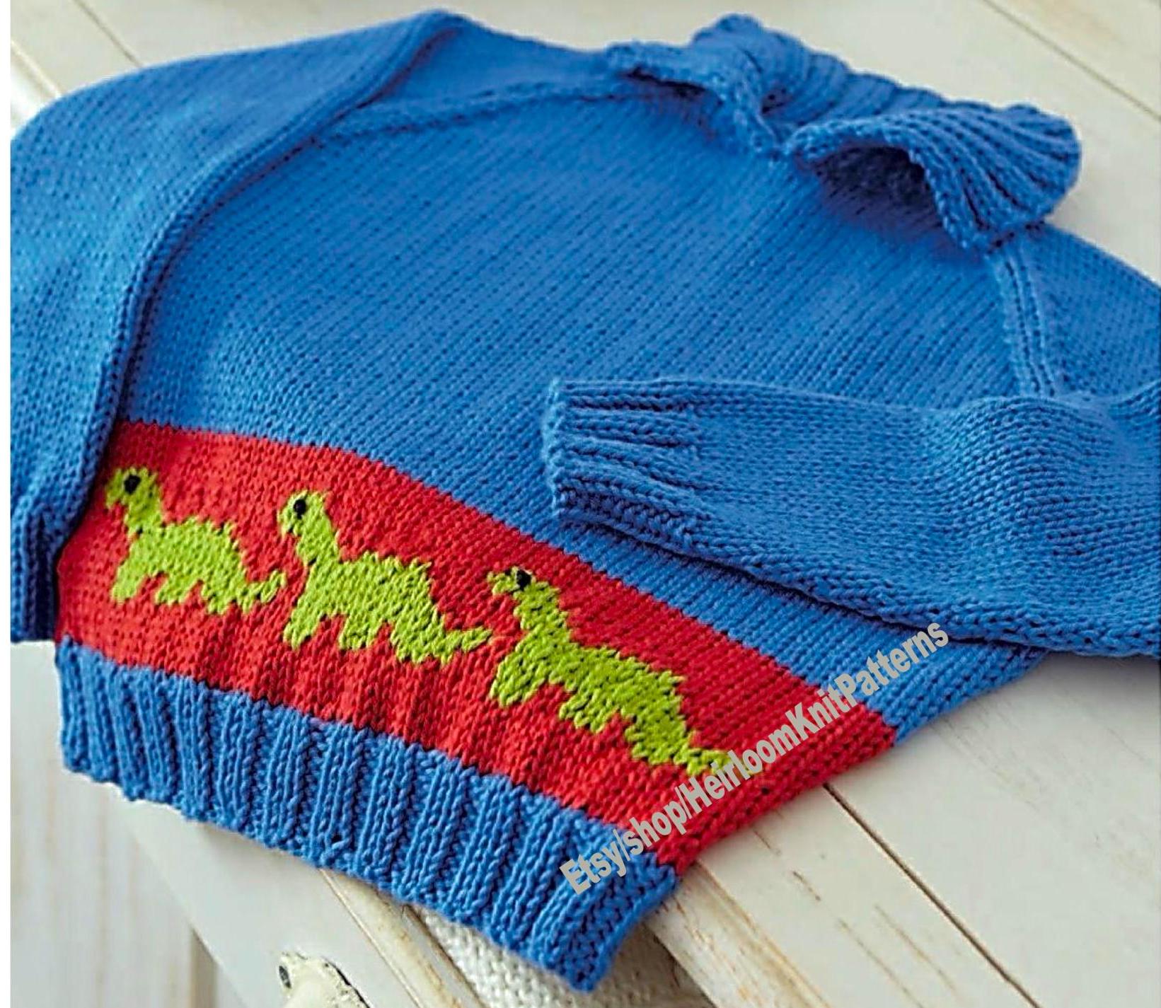 Dinosaur Sweater Vintage Knitting Pattern 2-3 years Kids Child Boy Dinosaur Motif Raglan Intarsia Picture Jumper Instant Download PDF - 210