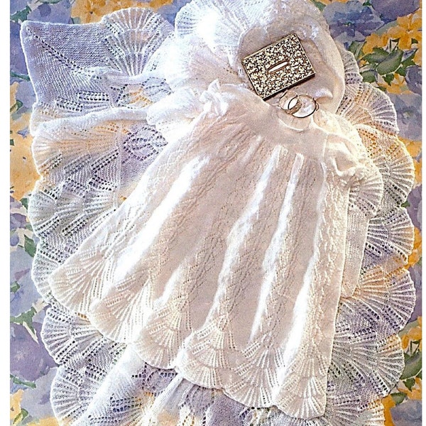 Baby Scallop Christening Baptism Robe & Shawl Vintage Knitting Pattern Boy Girl Dress Shawl Set Special Occasion Instant Download PDF- 565