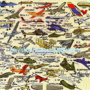 46 Aircraft Motifs Vintage Cross Stitch Pattern Small Mini Motif Helicopter Jet Sea Plane Kite Wright Bros Avenger Instant Download PDF-2771