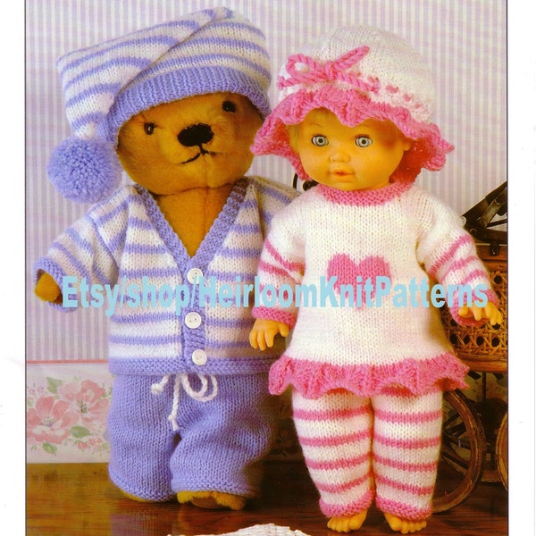 Doll & Teddy Bear Pyjamas Vintage Knitting Pattern Baby Doll Reborn Sleepwear Mob Cap 12- 14'' 15- 18'' 19- 22'' Instant Download PDF - 2475