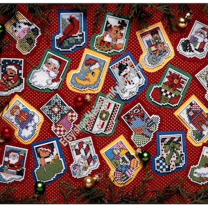 26 Mini Christmas Stocking Ornaments Cross Stitch on Perforated Plastic Pattern PDF Plastic Canvas Tree Trim Gift Instant Download PDF- 3009