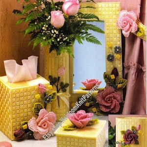 6 Projects Rose Garden Vintage Plastic Canvas Pattern Tissue Box Cover Topper Waste Basket Bud Vase Mirror Frame Instant Download PDF - 3024