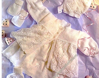 Baby Boy Girl Lacy Matinee Jacket Bonnet Bootees Mitts Set Vintage Knitting Pattern Tiny Premature-6mths 4Ply yarn Instant Download PDF- 584