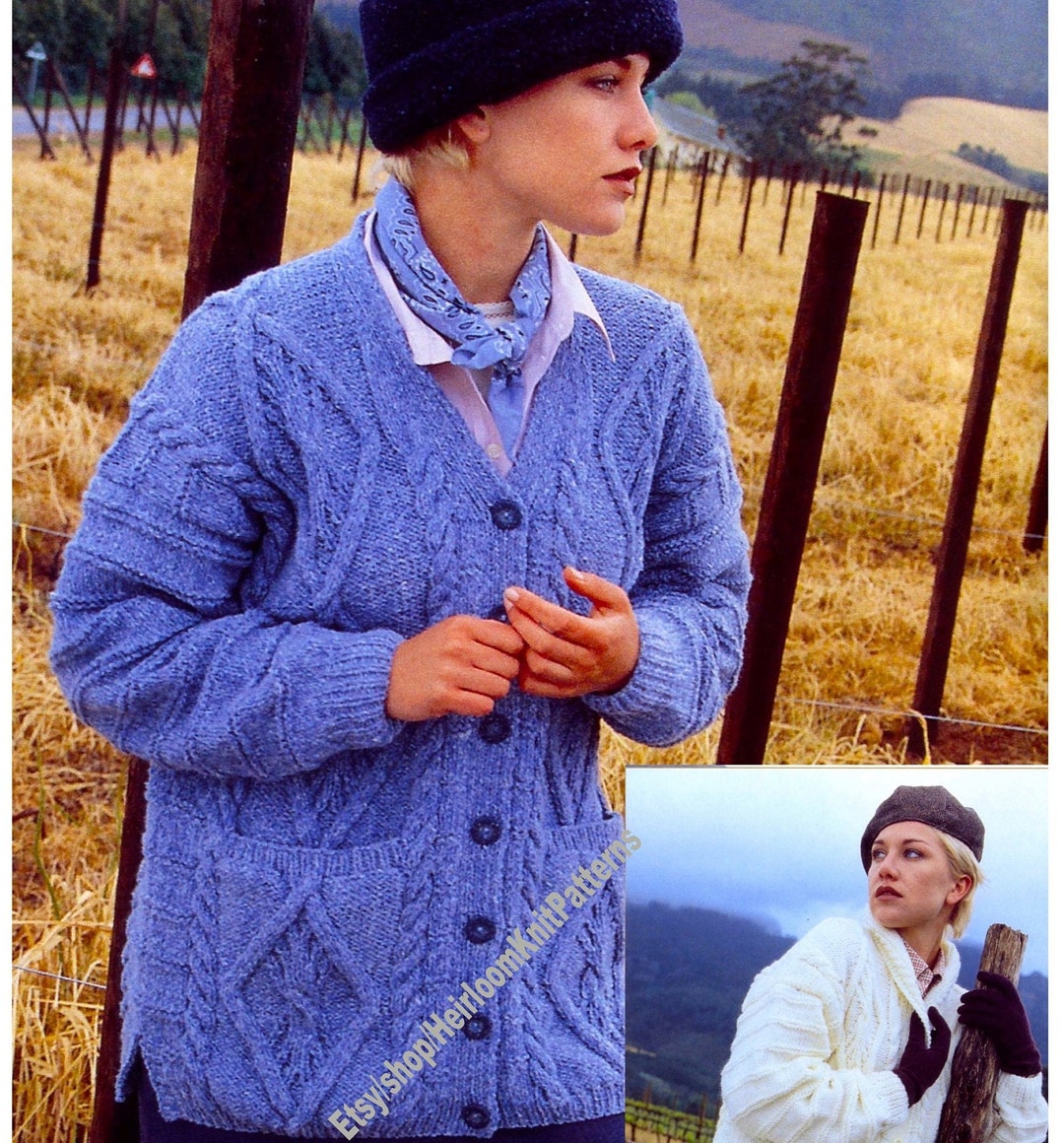 Ladies Girls Aran Cardigan Vintage Knitting Pattern Shawl Collar /v