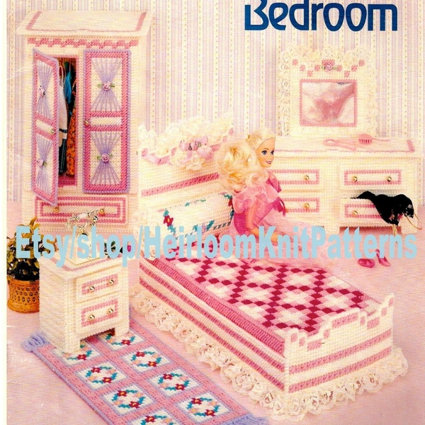 9-Piece 11.5" Fashion Doll Bedroom Plastic Canvas Pattern Bed Wardrobe Dresser Doll House Furniture Instant Download PDF - 2448