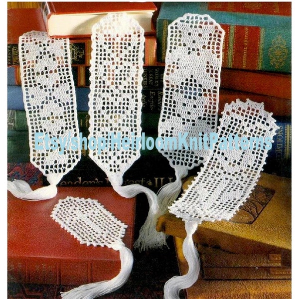 12 Designs Filet Crochet Bookmarks Vintage Crochet Pattern PDF Heart Butterfly Cross Kitten Rosebud Little Bear Instant Download PDF - 2492