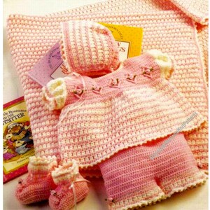 Baby Girl Set Vintage Crochet Pattern Polka Dots Dress Bonnet Booties ...