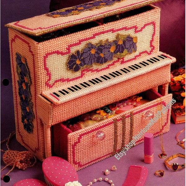 Floral Piano Jewelry Box Vintage Plastic Canvas Pattern Holder Caddy Gift Idea Mothers Day Dollhouse Fashion Doll Instant Download PDF- 3618