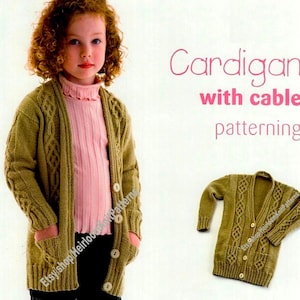Child&#39;s Cardigan Vintage Knitting Pattern Celtic Cable Panels & Pockets Size 2-10 yrs DK 8ply Girl Jacket Gift Idea Instant Download PDF- 20