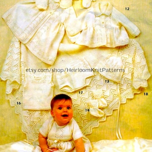 9-Piece Lacy Layette Vintage Knitting Pattern Baby Girl 4Ply Set Shawl Dress Coat Jacket Bonnet Bootees Top Instant Download PDF - 2225