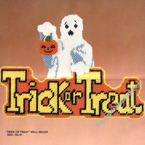 Halloween Trick or Treat Wall Door Window Decoration Vintage Plastic Canvas Pattern Ghost Pumpkin Gift Idea Instant Download PDF - 3954