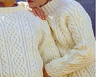 Classic Mens Womens Aran Sweaters Vintage Knitting Pattern 34-44