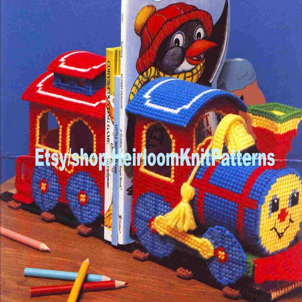 Storybook Express Train Bookends Vintage Plastic Canvas Pattern PDF Kids Book Holder Bookends Plastic Canvas Instant Download PDF - 2415