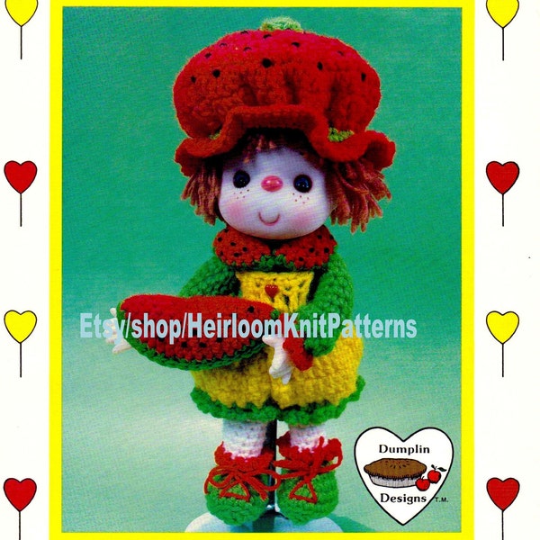 Watermelon Slice Yarn Head Doll Vintage Crochet Pattern PDF Lollipop Lane 14'' Yarn Hair Doll Dumplin Designs Instant Download PDF - 2568