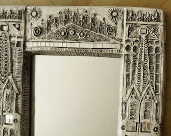 Architectural Mirror by John D Richard – Handcrafted Plaster on Wood Frame – Signed Folk Art (16.5” x 11”)
