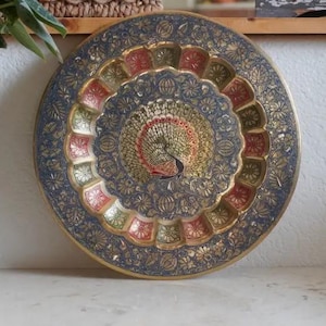 Brass enameled peacock motif metal wall hanging decor