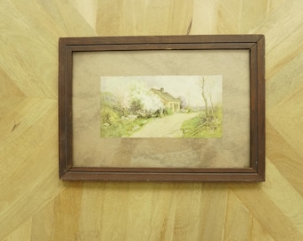 Vintage Framed Countryside Watercolor Print – Rustic Wooden Frame