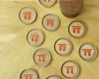 Vintage Japanese Coasters Set: Hand-Painted Torii Gate, Original Box