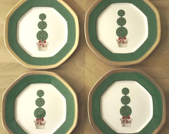 Set of 4 Vintage Mikasa L3280 Christmas Topiary Plates Green & Gold Holiday Octagon Plates