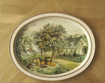Vintage Currier & Ives Tin Tray • “The American Homestead – Autumn” Oval Metal Tray