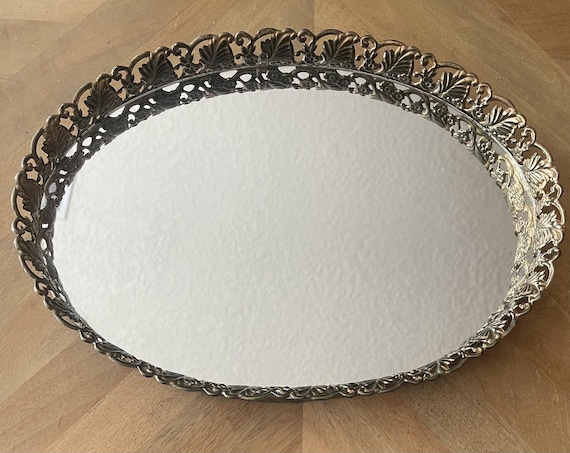 Vintage Ornate Vanity Mirror Tray – Silver Tone Floral Frame, Hollywood Regency Decor