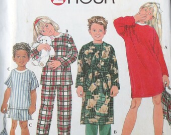 1996 Pajamas, Nightshirt, Robe, Pajama Bag & Booties Uncut Vintage Pattern, Simplicity 7407, Children’s Size 3, 4, 5, 6,  Breast 22-25