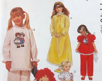 1995 Pajamas & Nightgown with Color Raggedy Ann and Andy Transfer Uncut Vintage Pattern, McCalls 7749, Girls Size 10, 12, Breast 28, 30