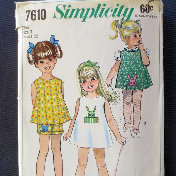 1968 Toddler Dress or Top & Shorts, Bunny Pocket, Uncut Vintage Pattern, Simplicity 7510, Size 3