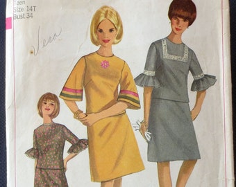 1966 Two-Piece Dress with Flared Sleeve Vintage Pattern, Simplicity 6717, Size 14 teen, Bust 34