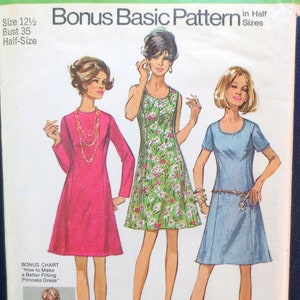 May include: Vintage Simplicity sewing pattern 8889, featuring three dress designs. The pattern includes a bonus chart for a princess dress. The package is green and white with the Simplicity logo and size information.