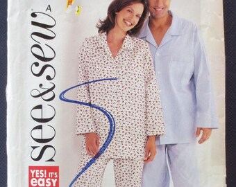 2002 Unisex Pajamas Uncut Vintage Pattern, See and Sew 3698, Bust-Chest 30, 31, 32, 34, 36