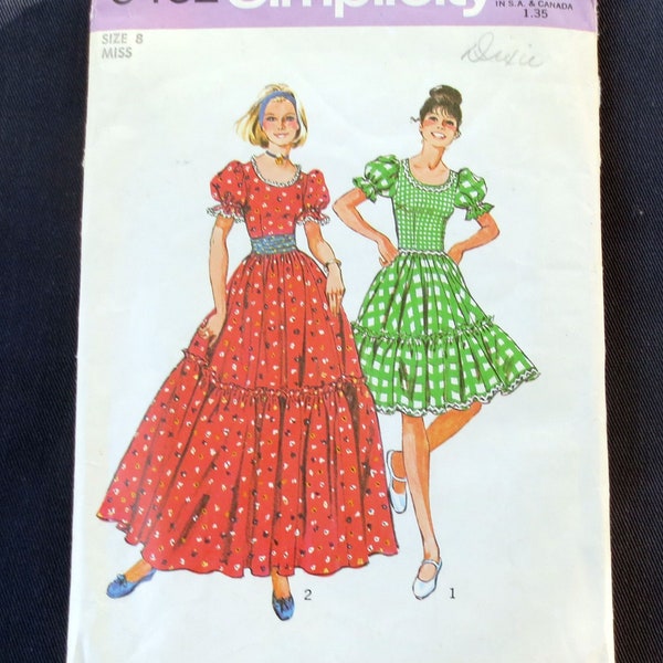1974 Tiered Ruffled Dress with Cummerbund Vintage Pattern, Simplicity 6452, Size 8, Bust 31.5